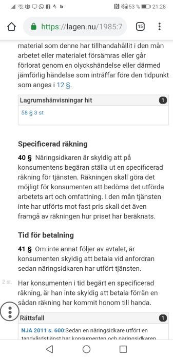 Skärmbild av en lagtext om krav på specificerad räkning från en hantverkare enligt lagen.nu