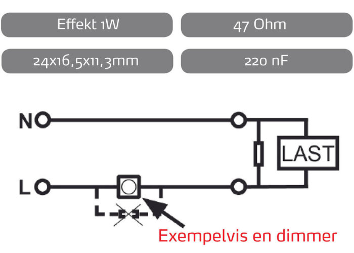 Elektriskt kopplingsschema för transientskydd med dimmer och belastning som visar hur enheten ska installeras.