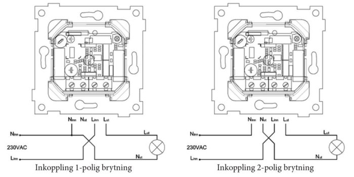 Två kopplingsscheman för Elko 316 GLED dimmers, en för 1-polig och en för 2-polig brytning.