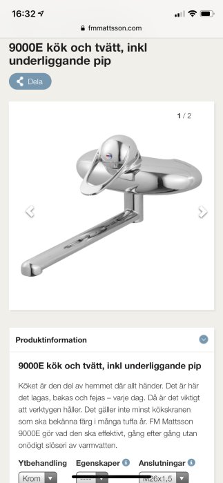 Kromad blandare för kök och tvätt med modellnummer 830 90 02 och underliggande pip.