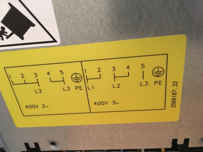 Elektrisk kopplingsschema på en gul etikett som visar anslutningar för 400V 2-fas och 3-fas.