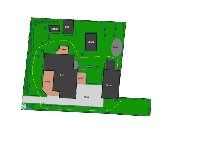 Översiktsplan över en tomt med markerade zoner för robotgräsklippare inklusive hus, altaner, bod, förråd och grusväg.