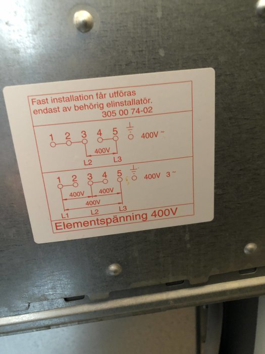 Elmärkning på ugn med schema för inkoppling, 400V 3-fas utan nolla, fastsatt på rostfritt stål.