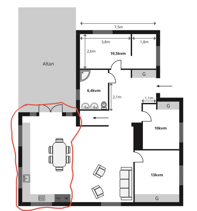 Planskiss av en bostad med markerat nybygge, sovrum, och potentiell placering för kök och matplats.