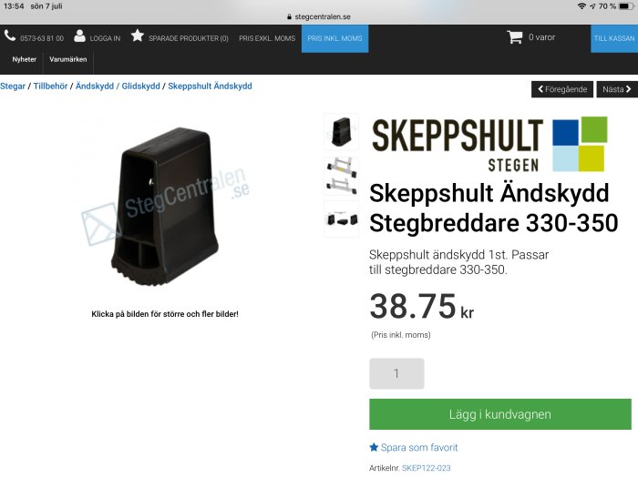 Svart Skeppshult ändskydd för stegbreddare visad på en webbshopssida med produktinformation och pris.