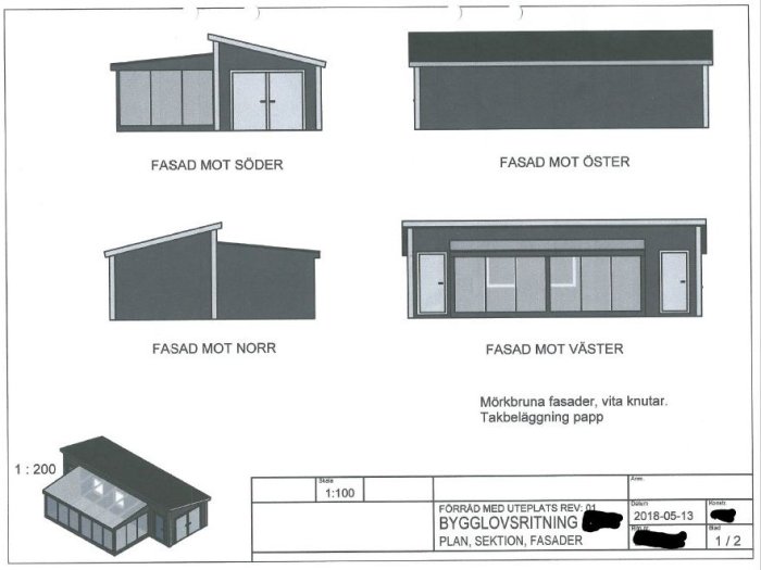 Arkitektritningar med olika vyer av en byggnad, inkluderar fasader från alla håll och en 3D-skiss.