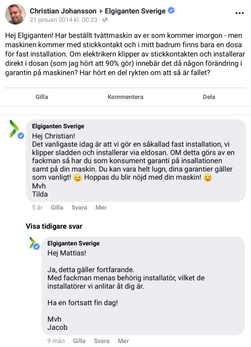 Skärmdump av en Facebook-konversation där en kund undrar om garantin på en tvättmaskin efter att stickkontakten klippts för fast installation.