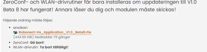 Skärmdump av foruminlägg om uppdatering av programvara med nedladdningslänk och instruktioner.