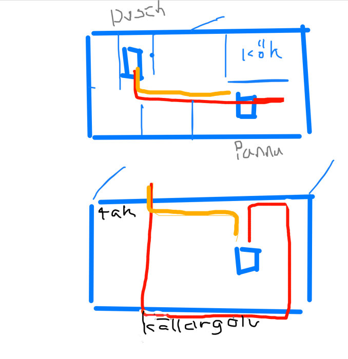 Handritad skiss av rördragning för varmt och kallt vatten i en källare och fördelningen uppåt i huset.