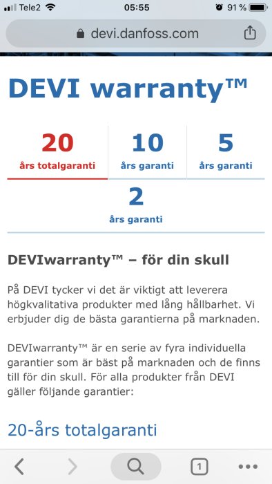 Skärmdump från DEVI Danfoss webbplats som visar olika garantialternativ inklusive en 20-års totalgaranti.