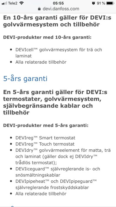 Skärmdump av DEVI:s garantiinformation om 10 och 5 års garanti för golvvärme och tillbehör.