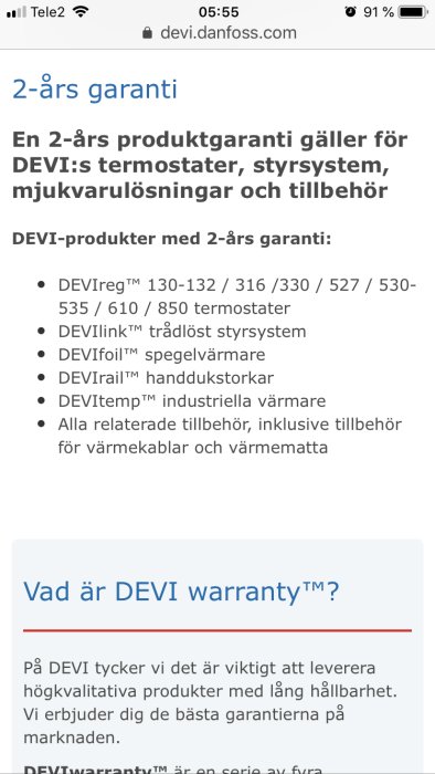 Skärmdump av Devi's garantivillkor som visar en lista över produkter med 2-års garanti.