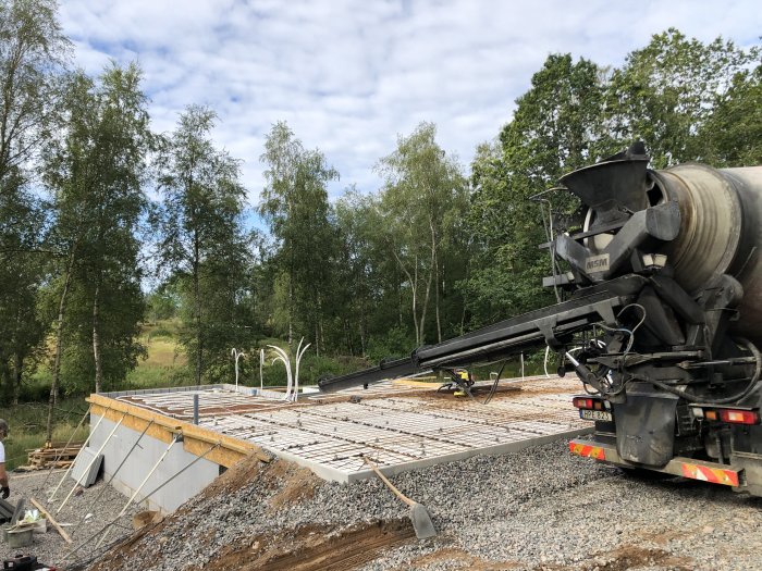 Betongbil vid en byggplats förbereder för gjutning av en grund med armeringsjärn synliga.