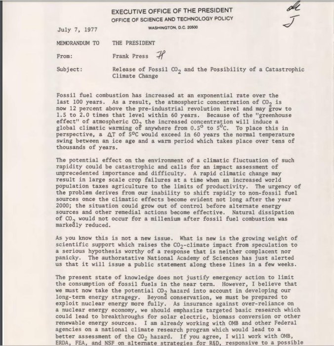 Memorandum från 1977 till USA:s president om riskerna med fossil koldioxid och möjligt klimatförändring.