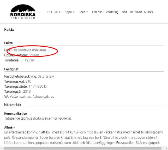 Skärmbild av fastighetsannons som visar att priset är 0 kr och uppmanar att kontakta mäklaren, utan vatten och avlopp.