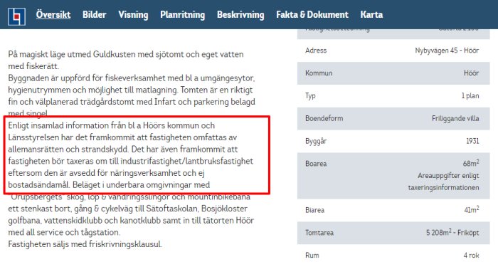 Skärmdump av fastighetsannons online med text markerad om att det finns strandskydd och restriktioner för bygglov och avlopp.