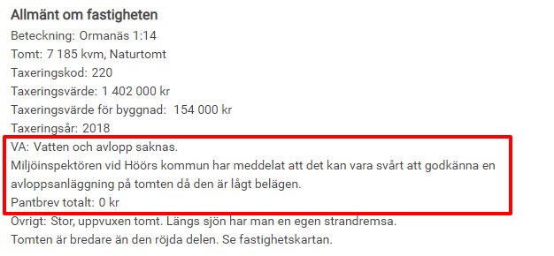 Skärmdump av fastighetsannons med beteckning, storlek och taxeringsvärden, samt not om avlopp och strandremsa.