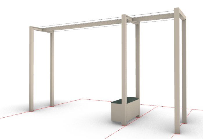 Kolme puista kehikkoa yhdistettyinä toisiinsa vaakapalkilla; osa pergola-projektia, jota käytetään viiniköynnösten tukena.