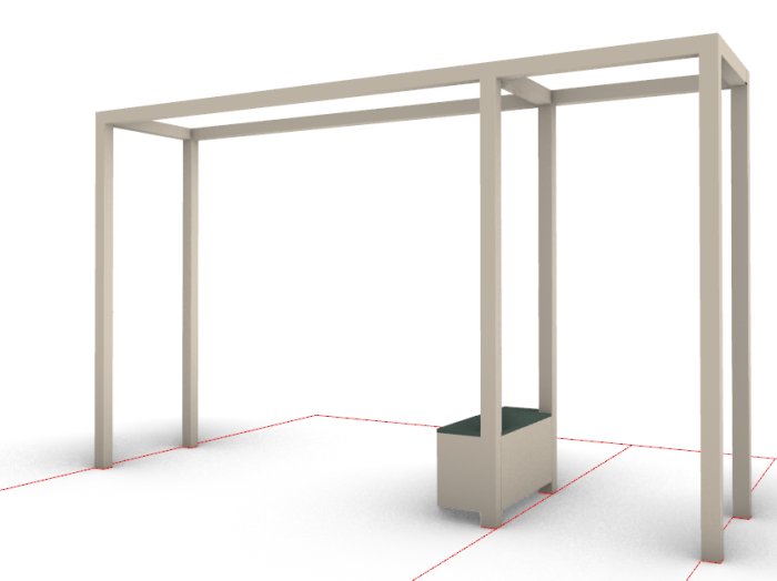 Puinen pergola suunniteltu tukemaan viiniköynnöksiä, koostuu kolmesta kaaresta ja viidestä vaakapalkista, mitat noin 3,5 x 0,8 x 2,2 metriä.