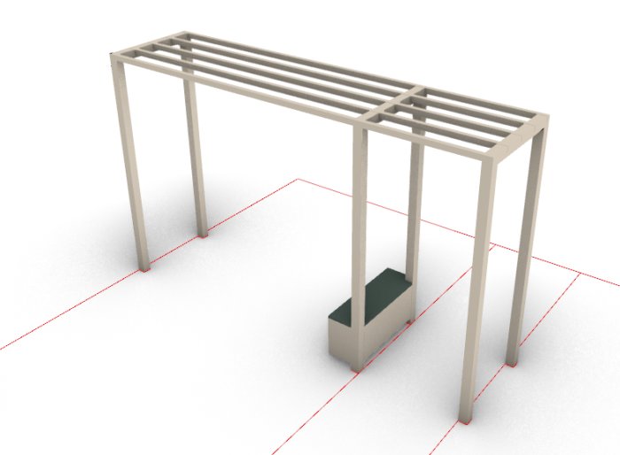 3D-renderöity kuutio-pergolarakennelma, jossa on vaakasuuntaiset puita yhdistävät palkit ja pystyyn nousevat pylväät, ehkä viinirypäleiden tukemiseen.