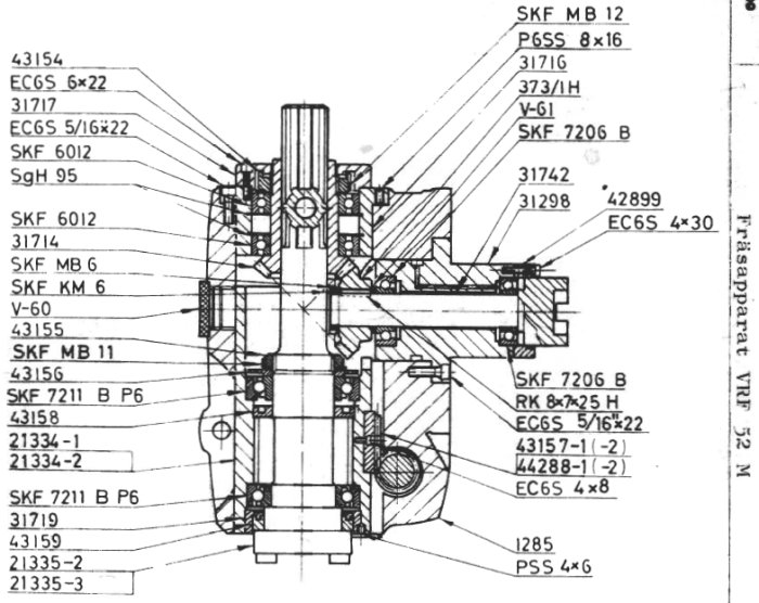 Sprängskiss av en frässpindel med SKF 7211 P6 vinkelkontaktkullager och olika komponentbeteckningar.