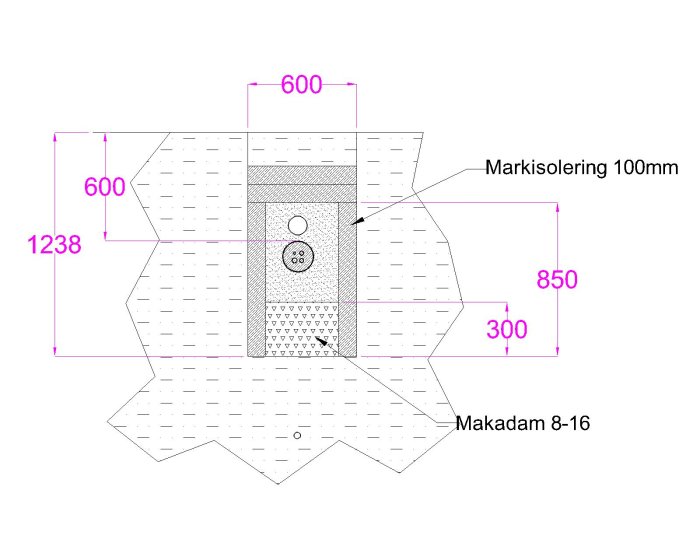 Ritning av ett marksektionssnitt med måttangivelser, markisolering, och makadamlager för avlopp och värmeinstallation.