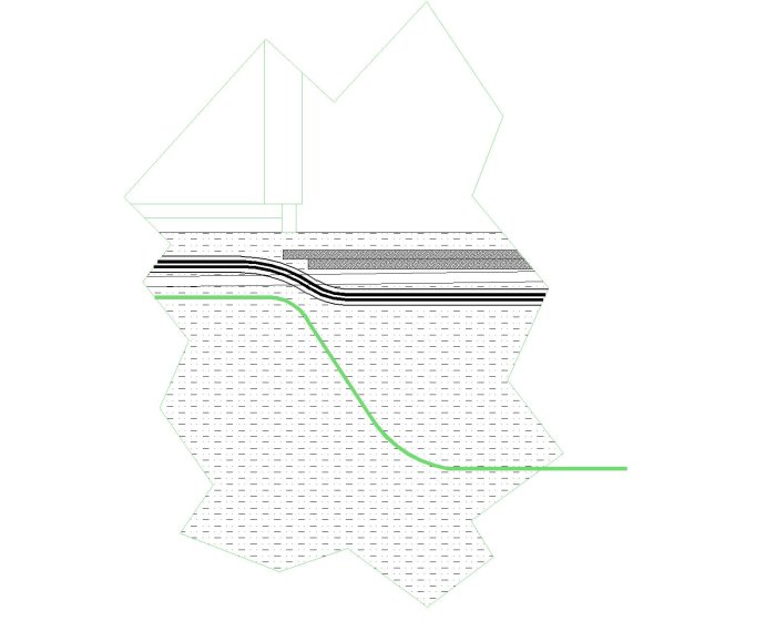 Principritning av byggprojekt med markerade avlopp och värmekabel under markytan.
