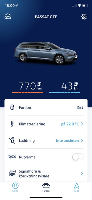 Uppdaterad VW-app med visning av en Passat GTE och information om räckvidd, klimatinställningar och laddning.