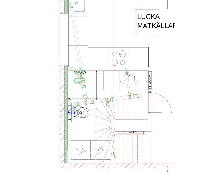 Ritning av badrum och kök som visar avlopp, inredning och väggarnas placering i en totalrenovering.