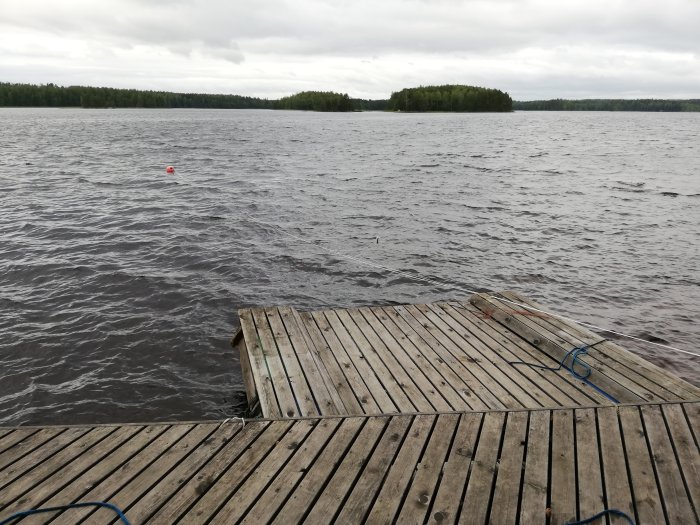 Träbrygga som sträcker sig ut i en sjö med en boj synlig i vattnet, molnig himmel och träd i bakgrunden.