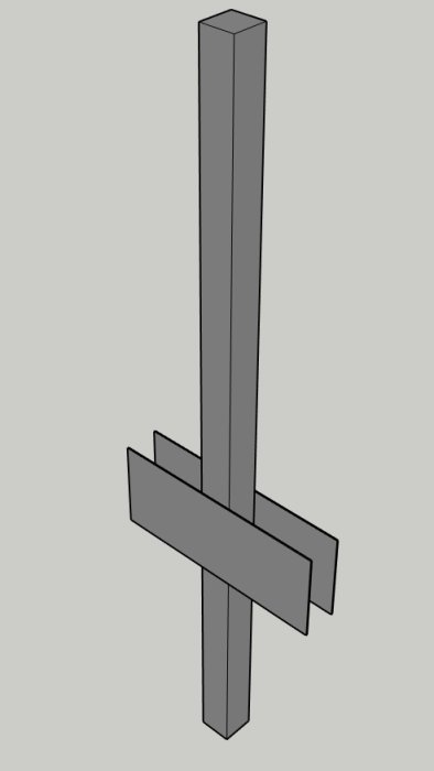 3D-modell av en staketstolpe förstärkt med två hålplattor av stål för stabilitet.
