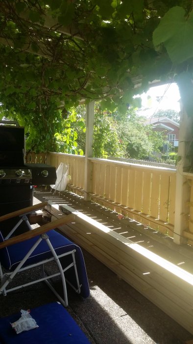 Köynnöskasvi peittää terassin, jossa on grilli ja tuoli; köynnökset muodostavat varjoisan katoksen.