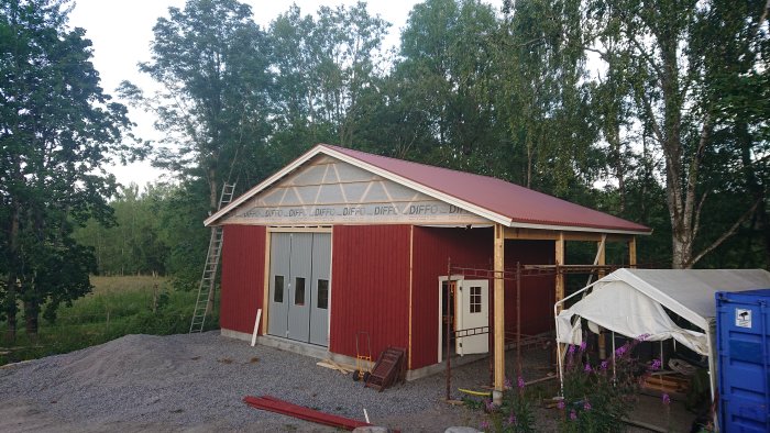 Installation av fotplåt, vindbräda, takplåt och nock på röd byggnad under konstruktion.