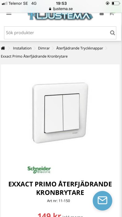En vit dubbelbrytare från Schneider Electric för väggmontering.