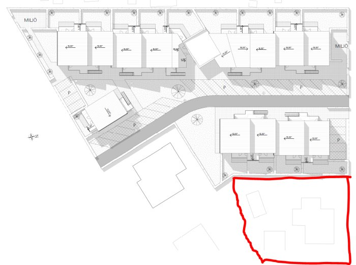 Översiktsritning som visar planerad bebyggelse med flera hus nära en markerad tomtgräns indragen med rött.