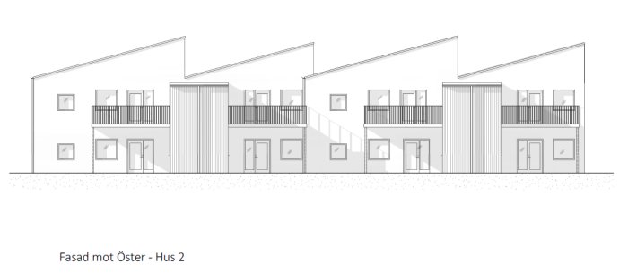 Arkitektritning av tvåvåningshus med balkonger vända mot grannfastigheten.