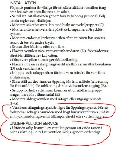 En sida ur en manual med instruktioner för säkerhetsventil, inringad text om underhåll och tryckinställningar.