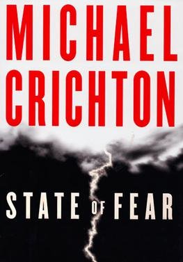 Omslaget till Michael Crichtons bok "State of Fear" med blixtrar på mörk bakgrund.