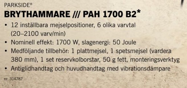 Information om Parkside brythammare PAH 1700 B2 med varvtal, effekt, medföljande tillbehör och handtag med vibrationsdämpare.