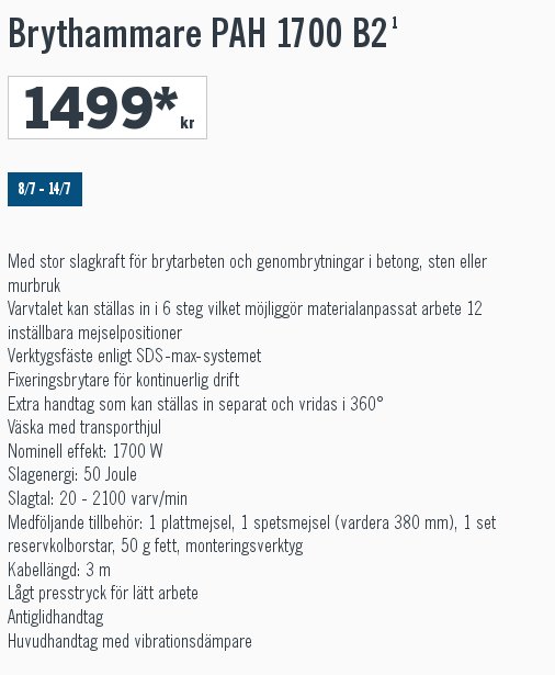 Annons för en brythammare PAH 1700 B2 med specifikationer och pris, ej avsedd för borrning.