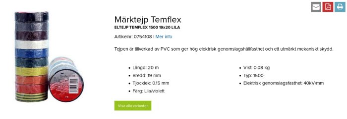 Rullar med mångfärgad isoleringstejp Temflex, detaljer om längd och elektriska egenskaper.