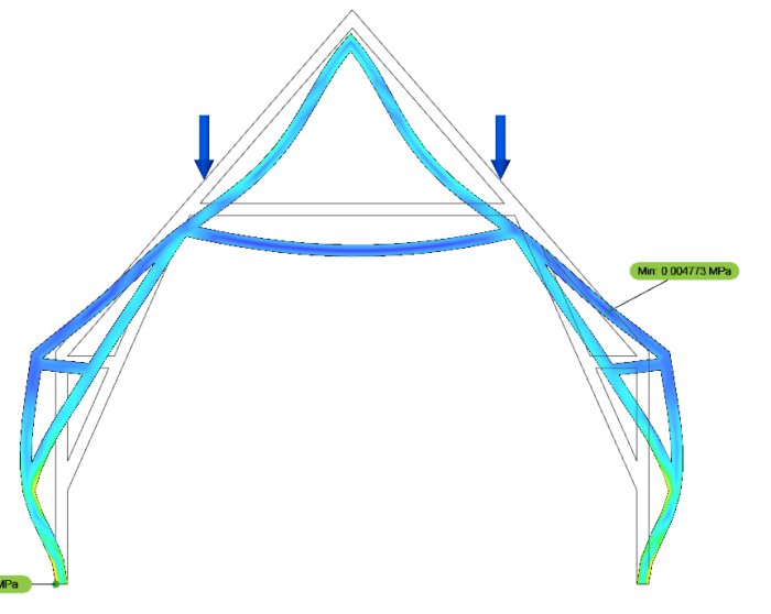 Simulerad belastningstest av takkonstruktion i CAD-program, blå och gröna spänningsfärger.