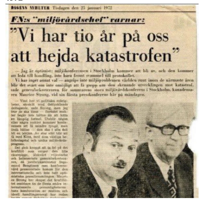 Gammal tidningsartikel från 1972 med rubrik om miljökatastrofen och bild på Maurice Strong samt en annan man.