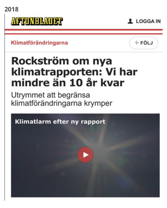 Skärmdump från Aftonbladet med rubriker om klimatförändringar och klimatrapport.