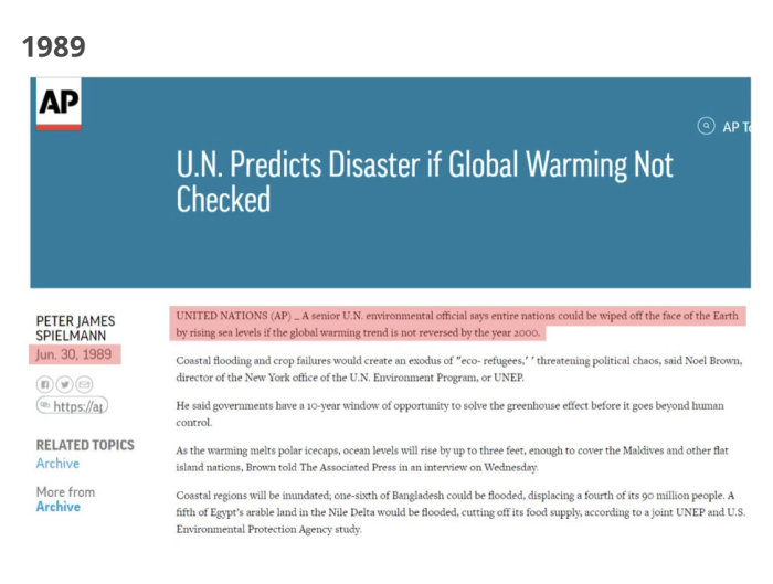 Skärmdump av artikel från 1989 med rubriken "U.N. Predicts Disaster if Global Warming Not Checked".