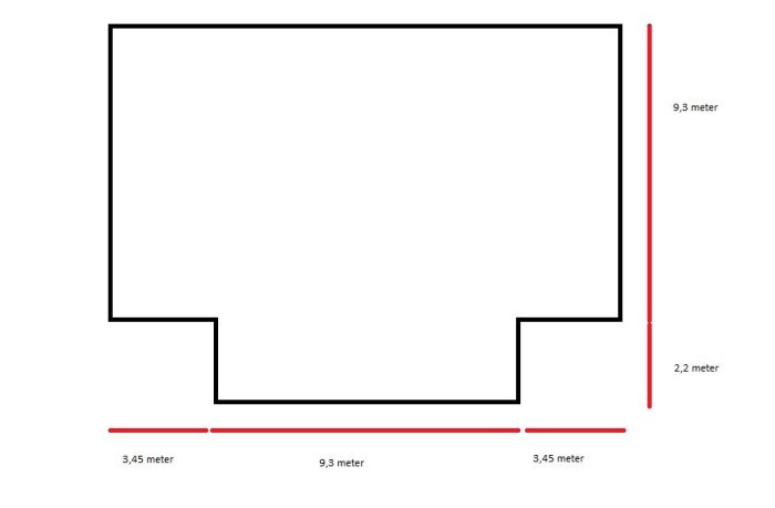 Skiss av ett omvänt T-format hus med dimensioner, visar möjlig frontespis.