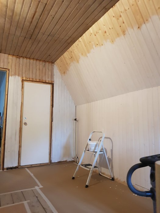 Trapphus under renovering med nyuppsatt pärlspont och grundmålad vägg, stege och hink med färg.