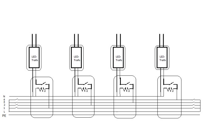 Schematisk ritning av elanslutningar för fyra LED-transformatorer i ett enkelt linjediagram.