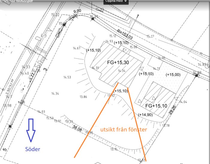 Ritning av en tomt med husplan, markering av utsikt från köksfönster och solens position klockan 09:00 och 16:00.