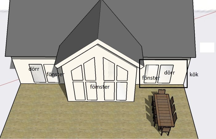 3D-modell av ett hus med markerade dörrar och fönster, och en uteplats med matbord som visar solens skuggor klockan 09.00 och 16.00.